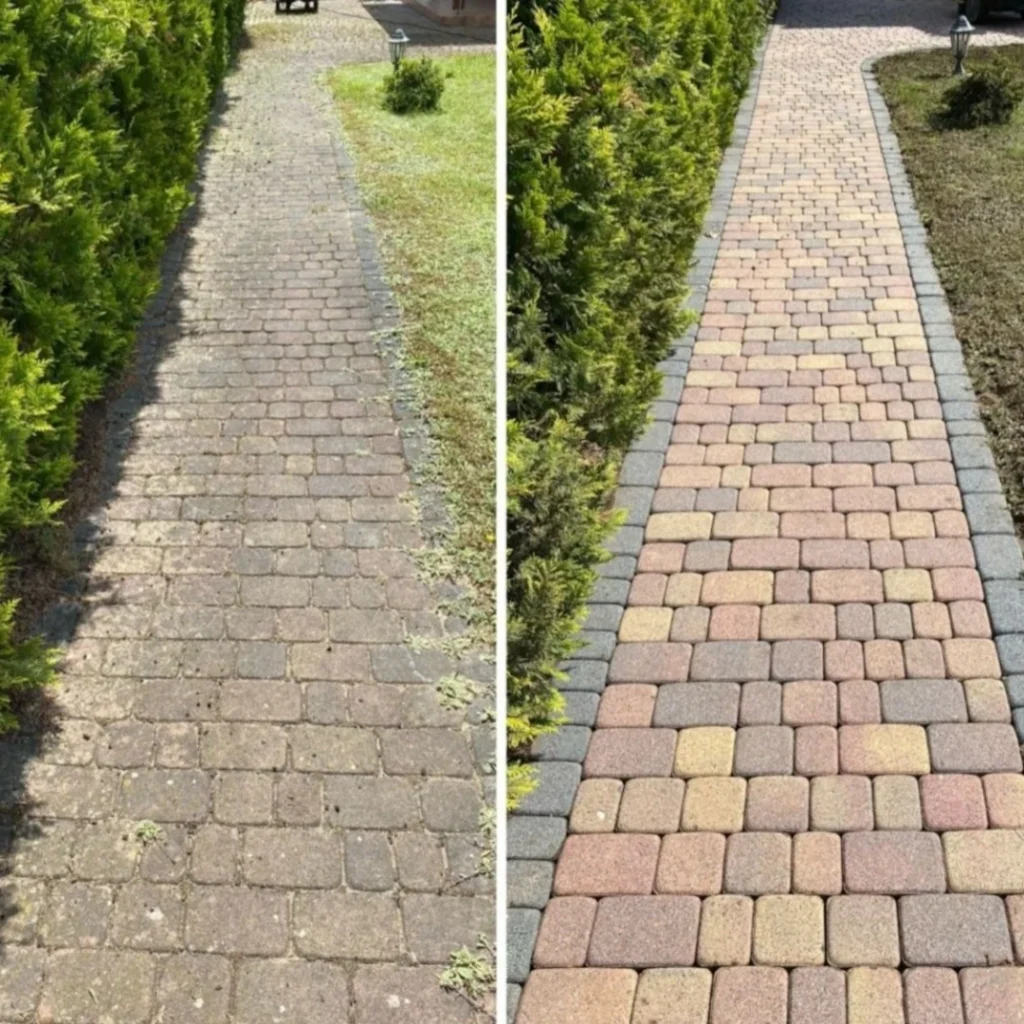 Vorher-Nachher Vergleich einer stark verschmutzten Pflastersteinfläche nach professioneller Reinigung